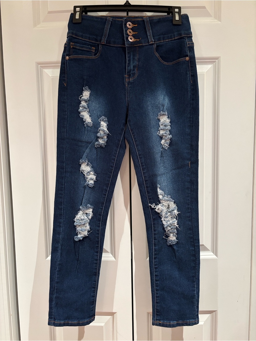 High-Rise Ankle Dark Blue Skinny Jeans with Distressed Detail